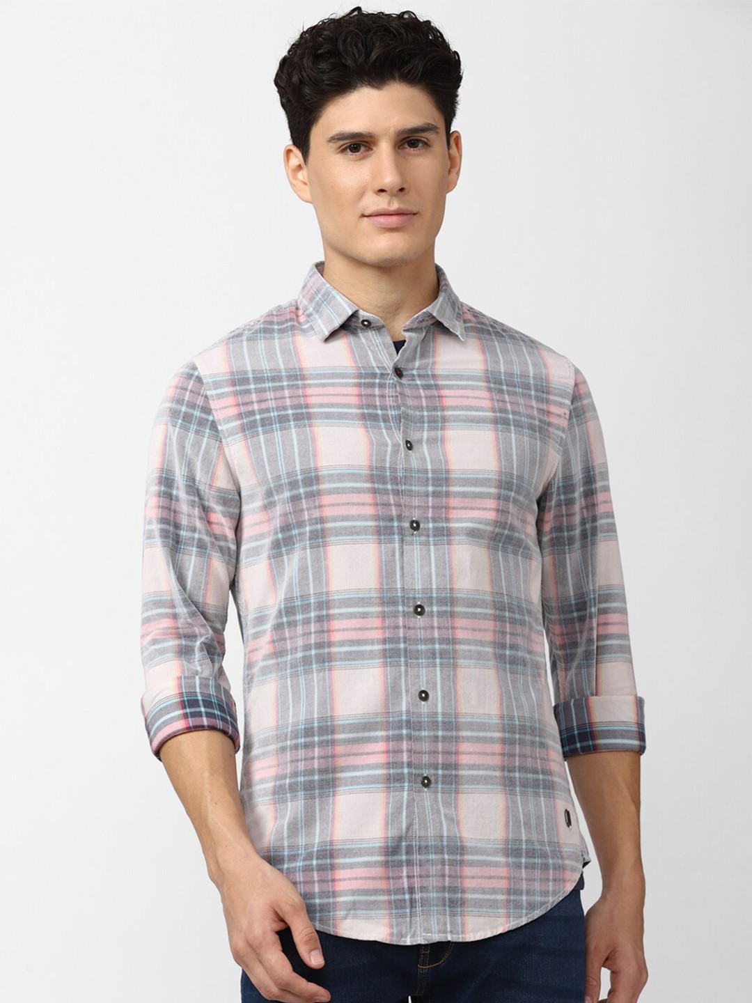 

Peter England Men Grey Slim Fit Tartan Checks Checked Pure Cotton Casual Shirt
