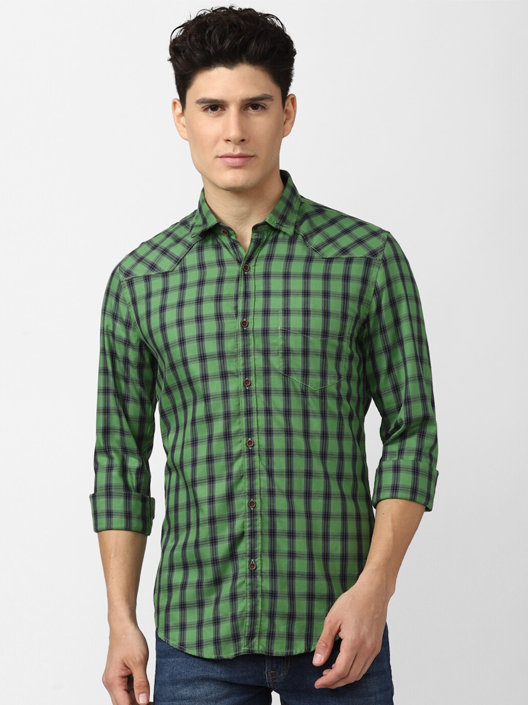 

Peter England Casuals Men Green Slim Fit Buffalo Checked Cotton Casual Shirt