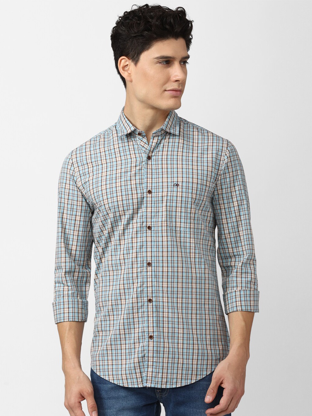 

Peter England Casuals Men Blue & Brown Slim Fit Checked Pure Cotton Casual Shirt