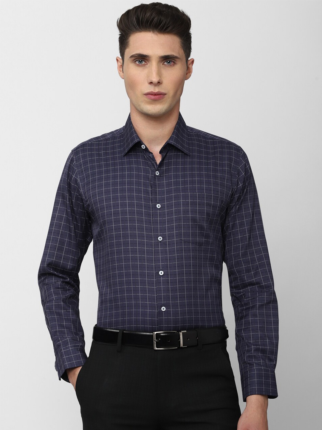 

Van Heusen Plus Size Men Navy Blue Slim Fit Checked Cotton Formal Shirt