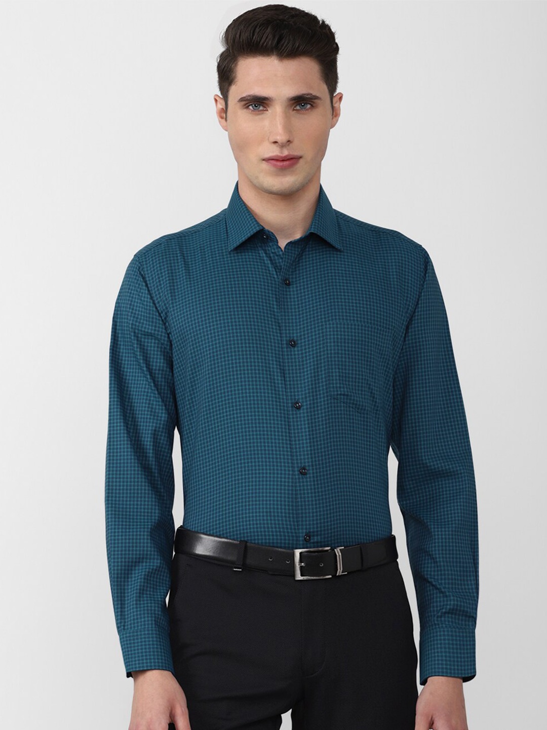 

Van Heusen Men Teal Micro Checked Formal Cotton Shirt