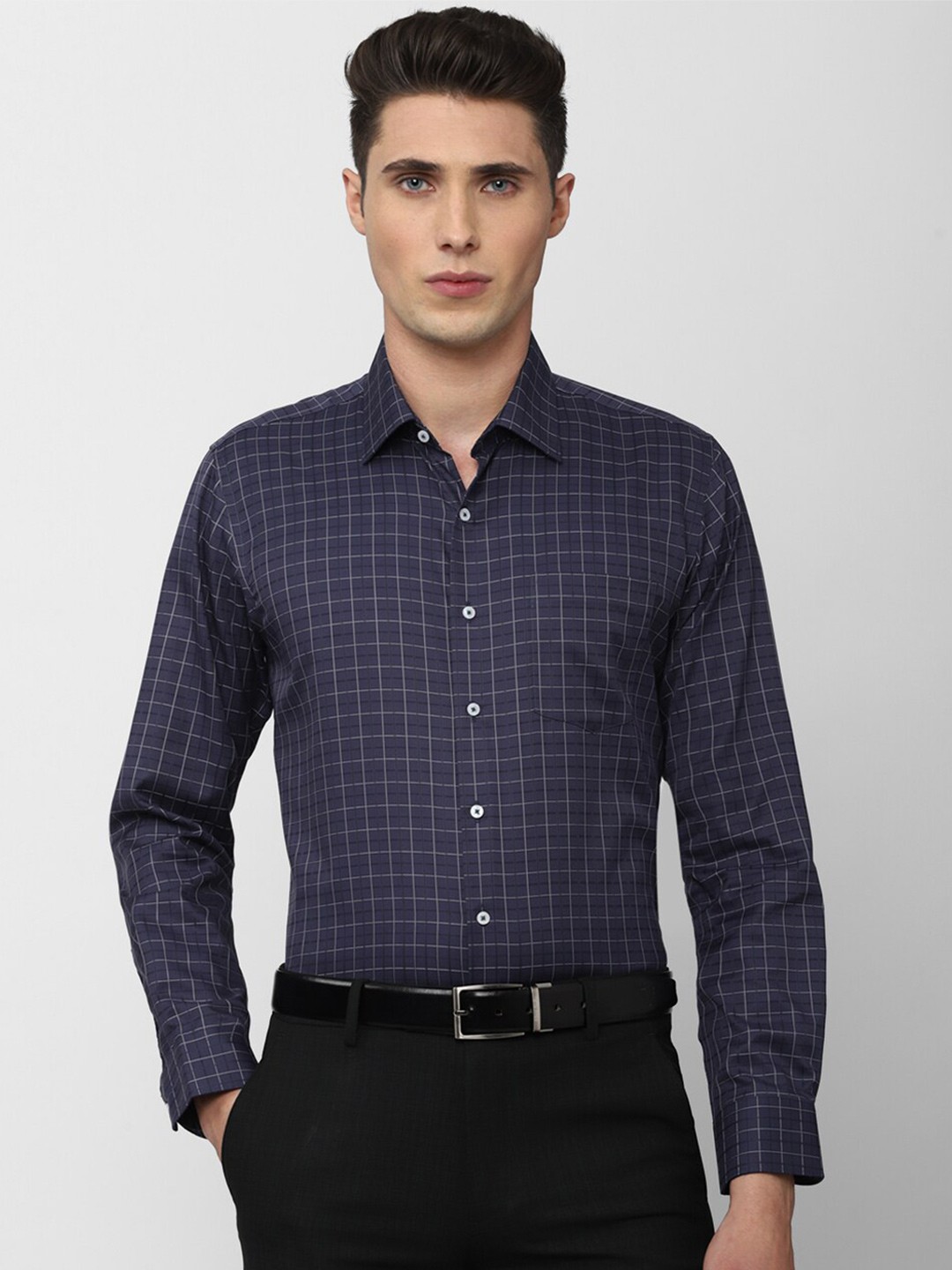 

Van Heusen Plus Size Men Navy Blue Slim Fit Checked Cotton Formal Shirt