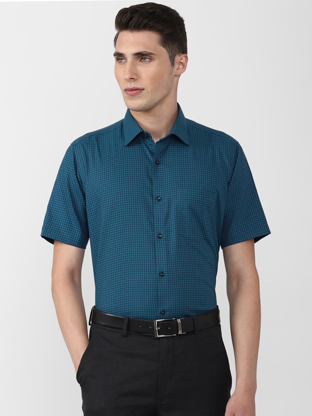 

Van Heusen Men Teal Micro Checked Formal Cotton Shirt