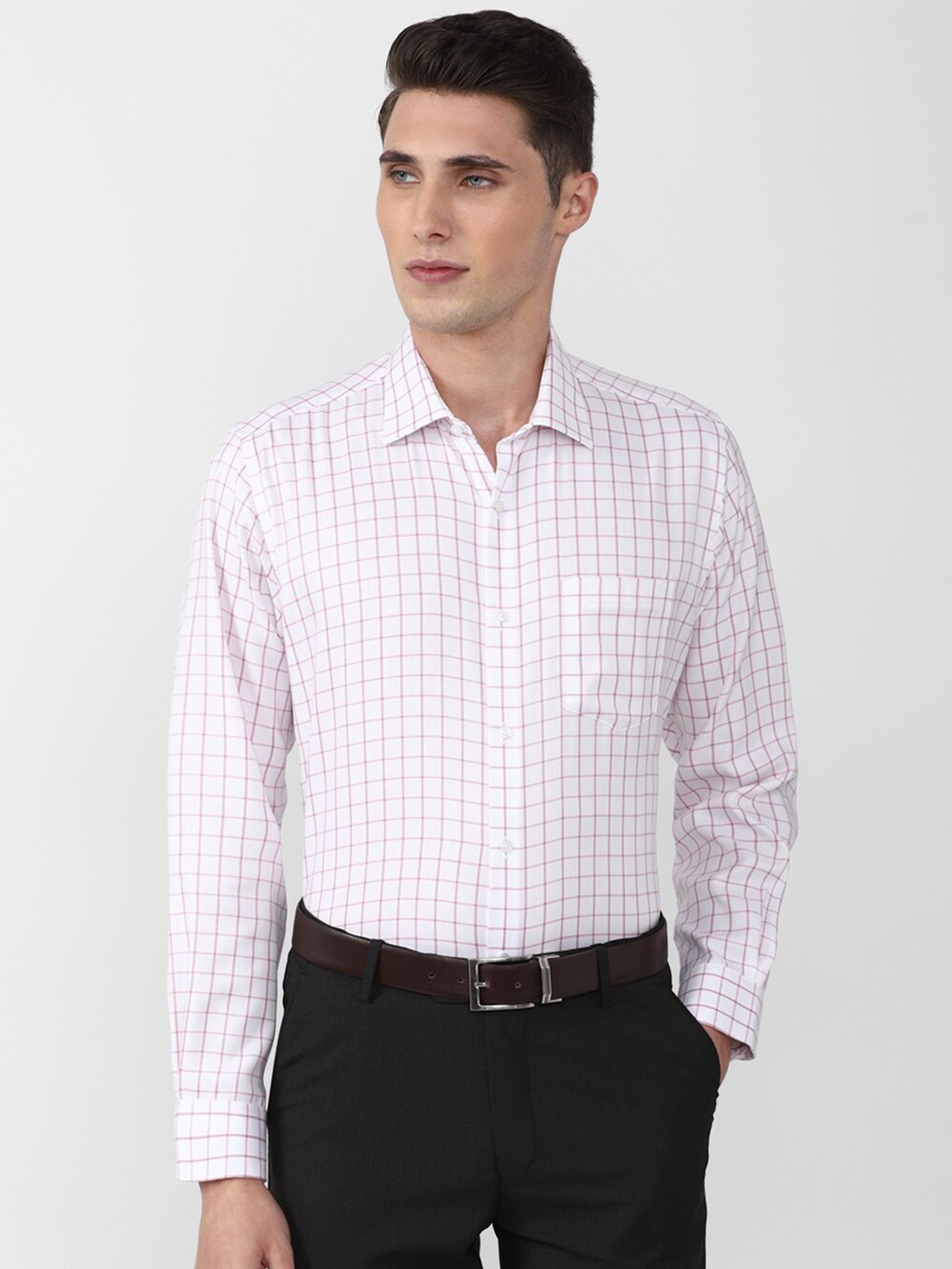 

Van Heusen Durapress Men White Grid Tattersall Checks Checked Cotton Wrinkle Resistant & Easy Care Formal Shirt