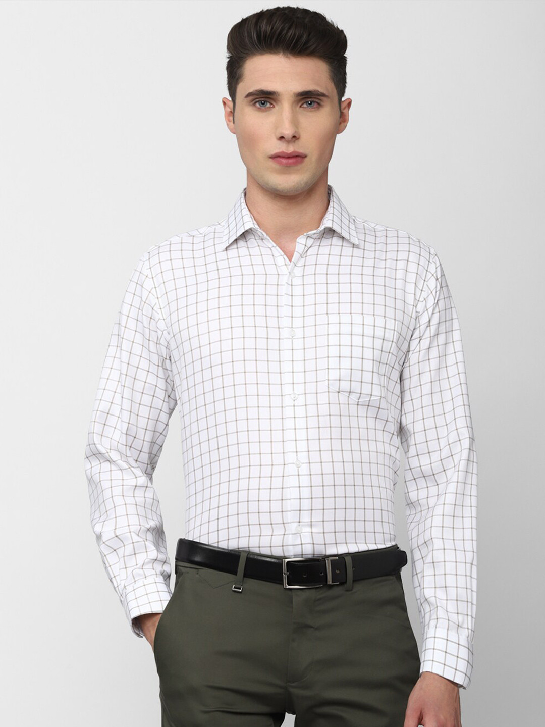 

Van Heusen Durapress Men Cream-Coloured Grid Tattersall Checks Pure Cotton Wrinkle Resistant & Easy Care Formal Shirt