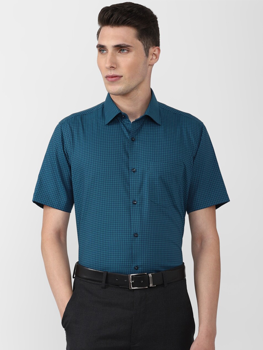 

Van Heusen Men Teal Micro Checked Formal Cotton Shirt