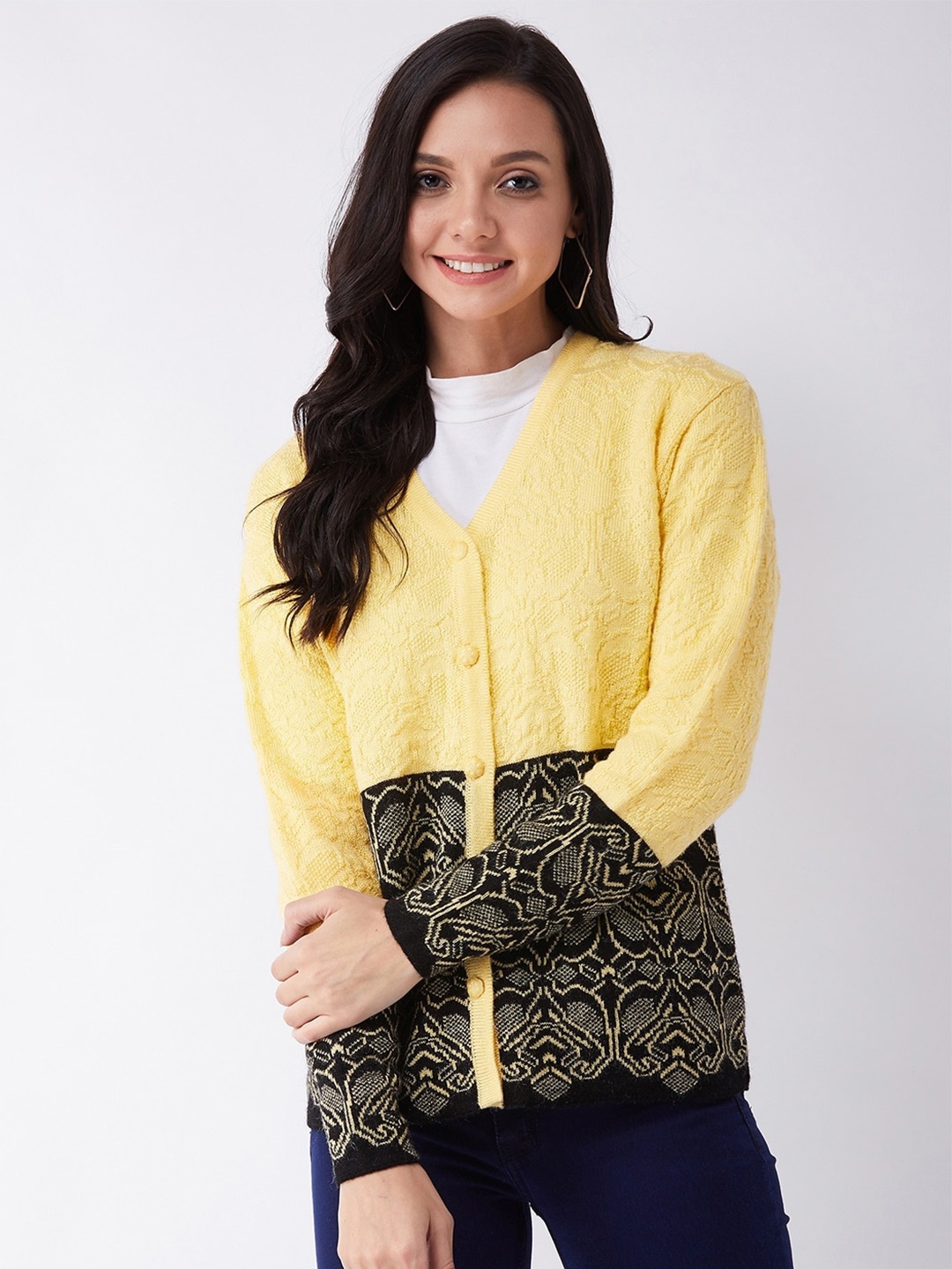

Modeve Women Yellow & Black Floral Cardigan