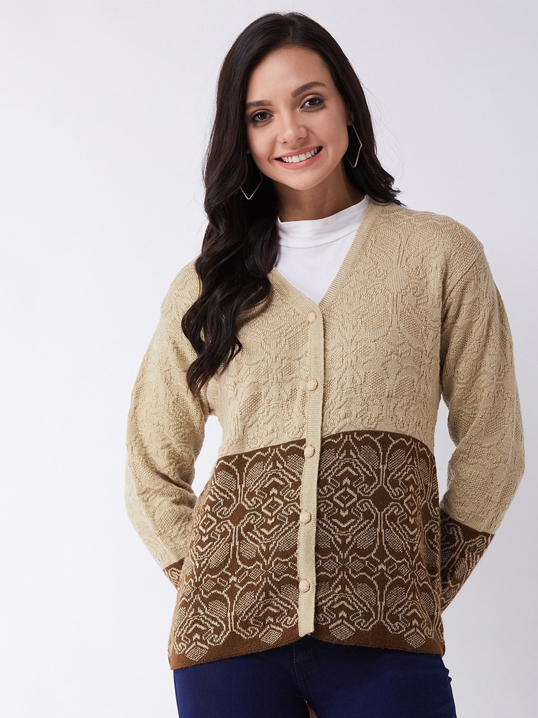 

Modeve Women Beige & Brown Colourblocked Acrylic Cardigan