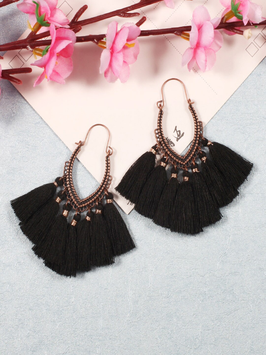 

Young & Forever Women Black & Copper-Toned Oval Hoop Tasselled Earrings