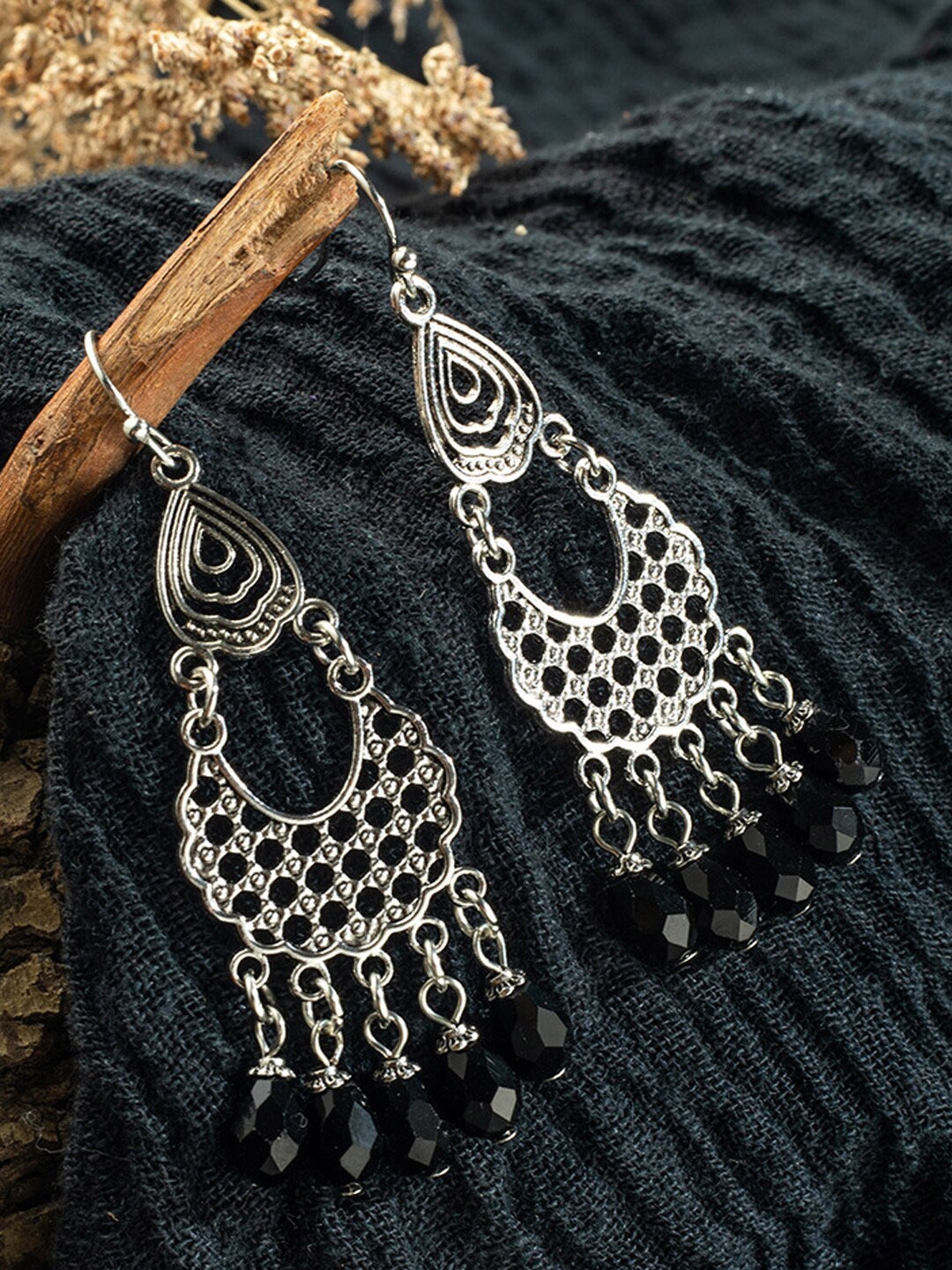 

Young & Forever Women Silver-Plated & Black Contemporary Chandbalis Earrings