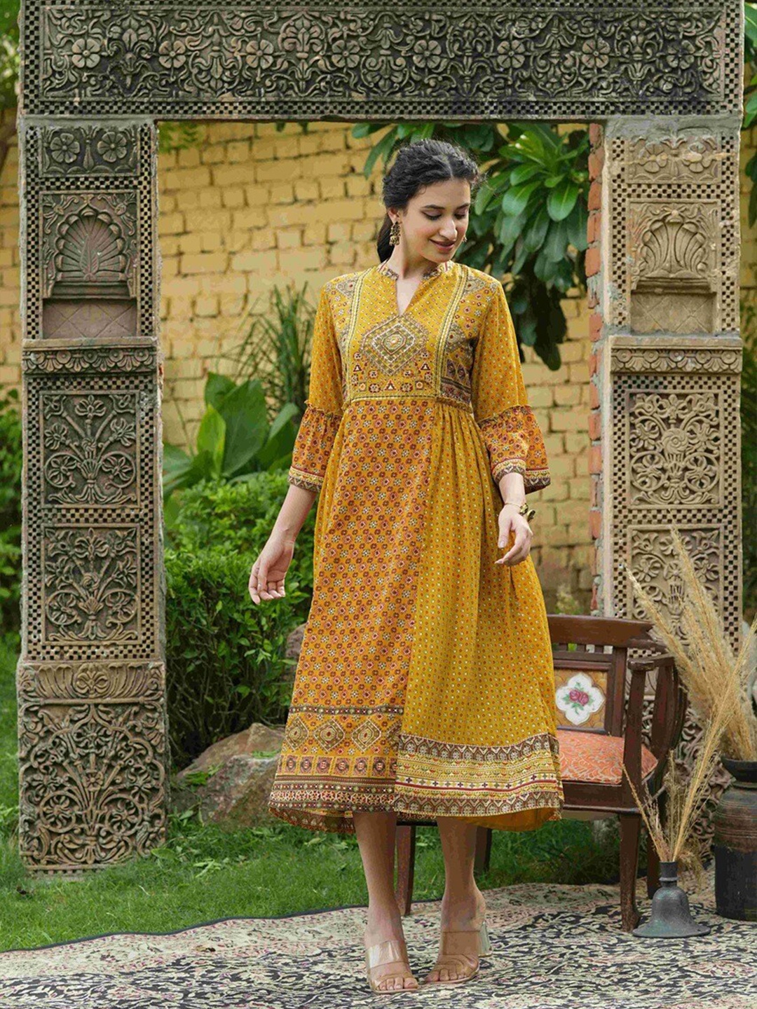 

Juniper Women Mustard Yellow Ethnic Motifs Georgette Ethnic Flared A-Line Dress
