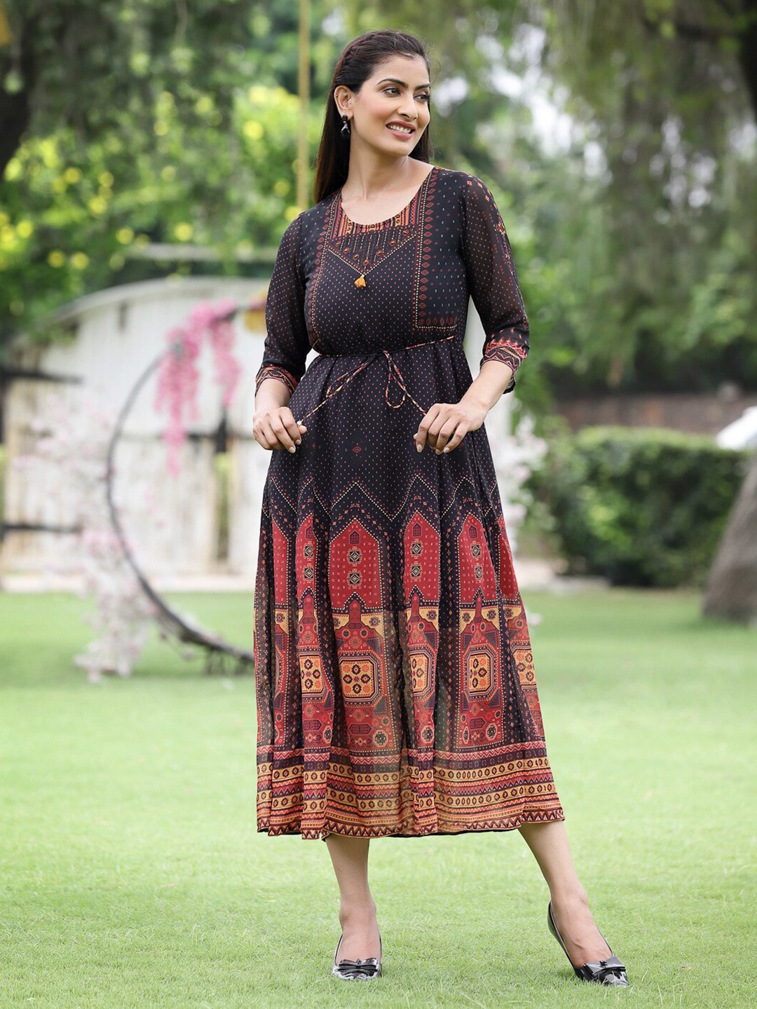 

Juniper Women Black Ethnic Motifs Printed Georgette Ethnic Fit & Flare Midi Dress