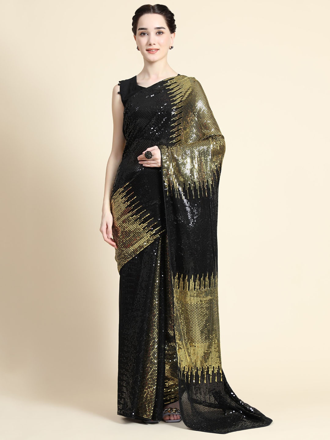 

CLEMIRA Gold-Toned & Black Sequinned Pure Georgette Saree