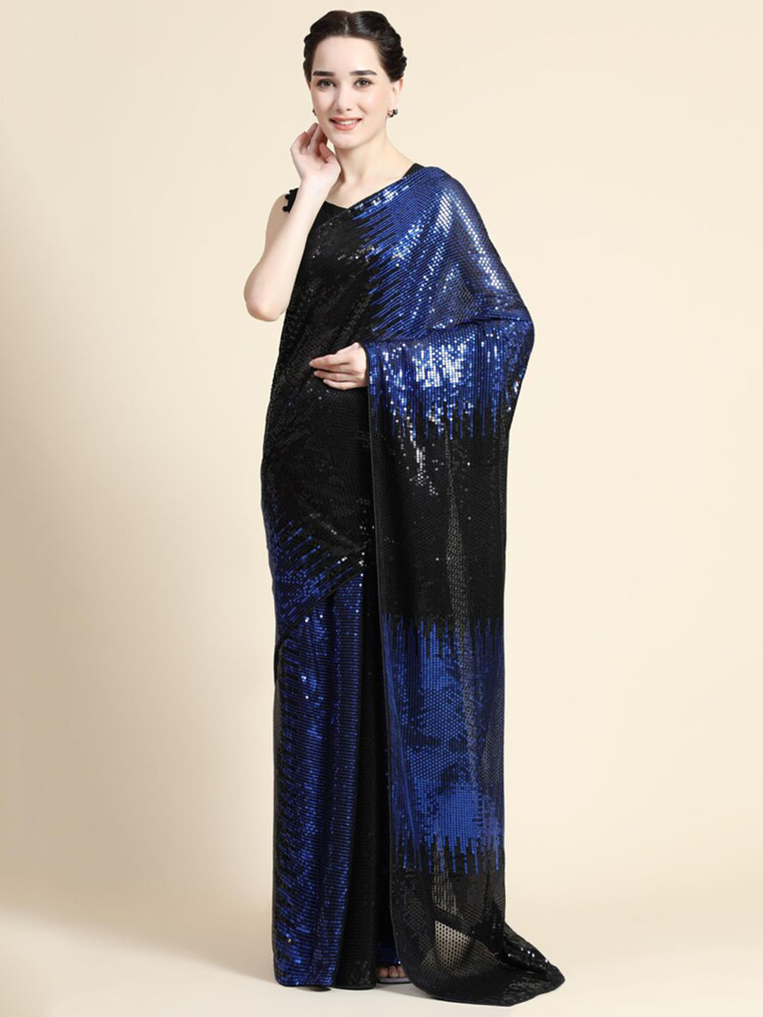 

CLEMIRA Blue & Black Embellished Sequinned Pure Georgette Saree