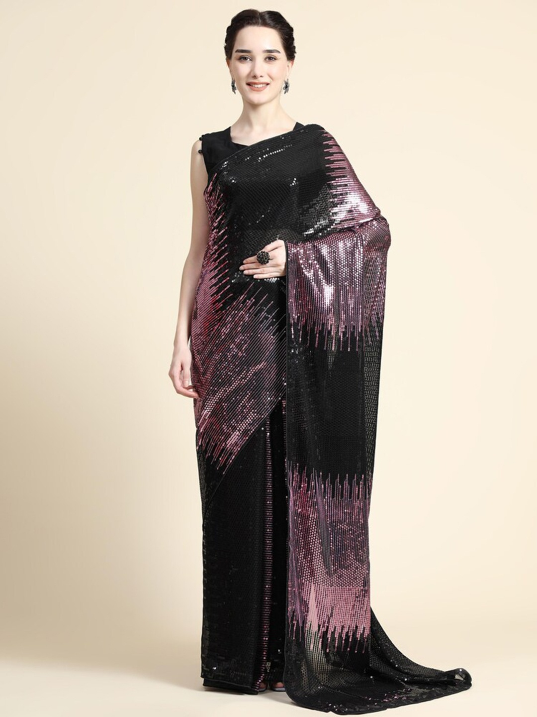 

CLEMIRA Purple & Black Embellished Sequinned Pure Georgette Half and Half Saree