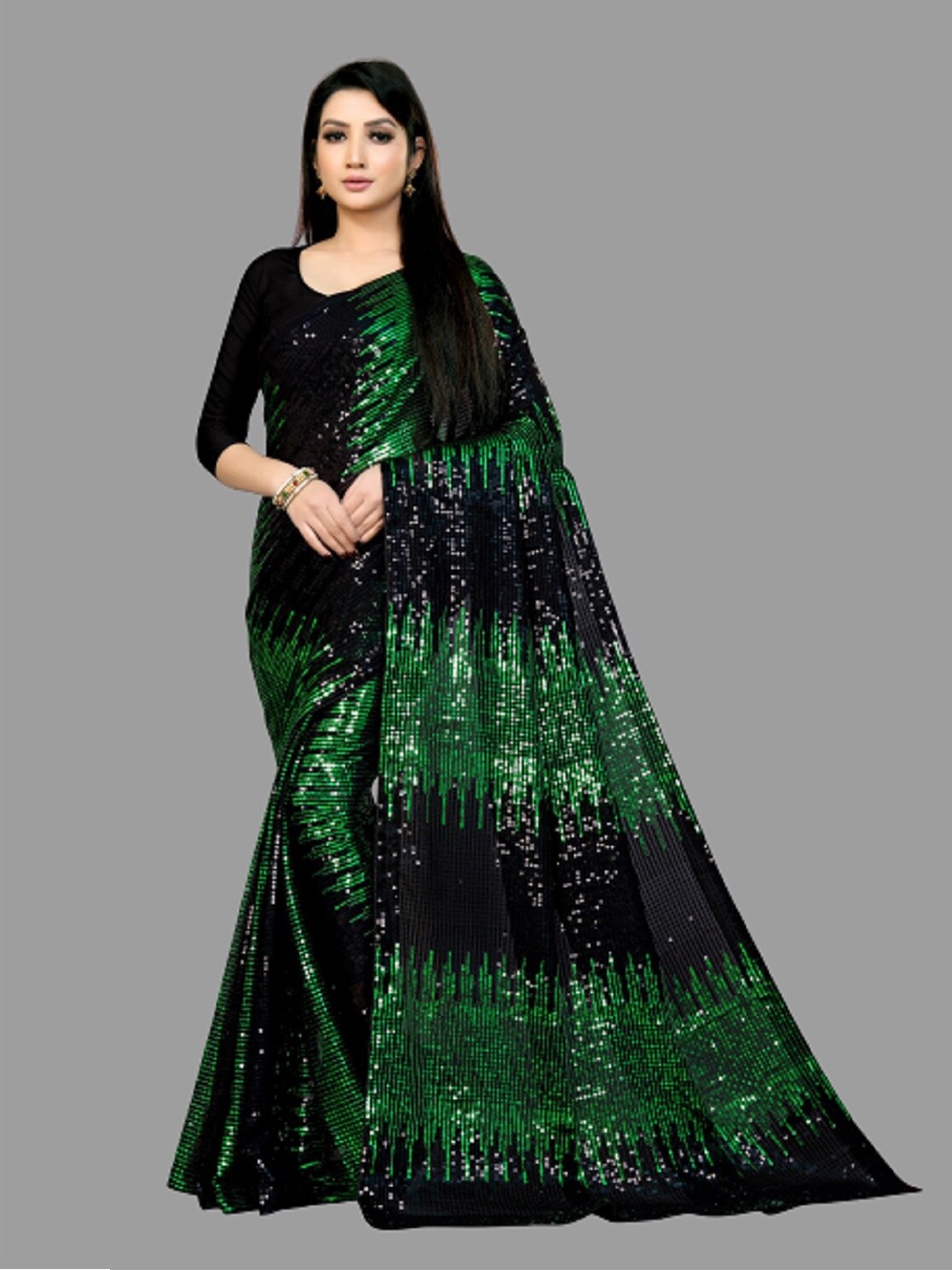 

CLEMIRA Green & Black Embellished Sequinned Pure Georgette Half and Half Saree