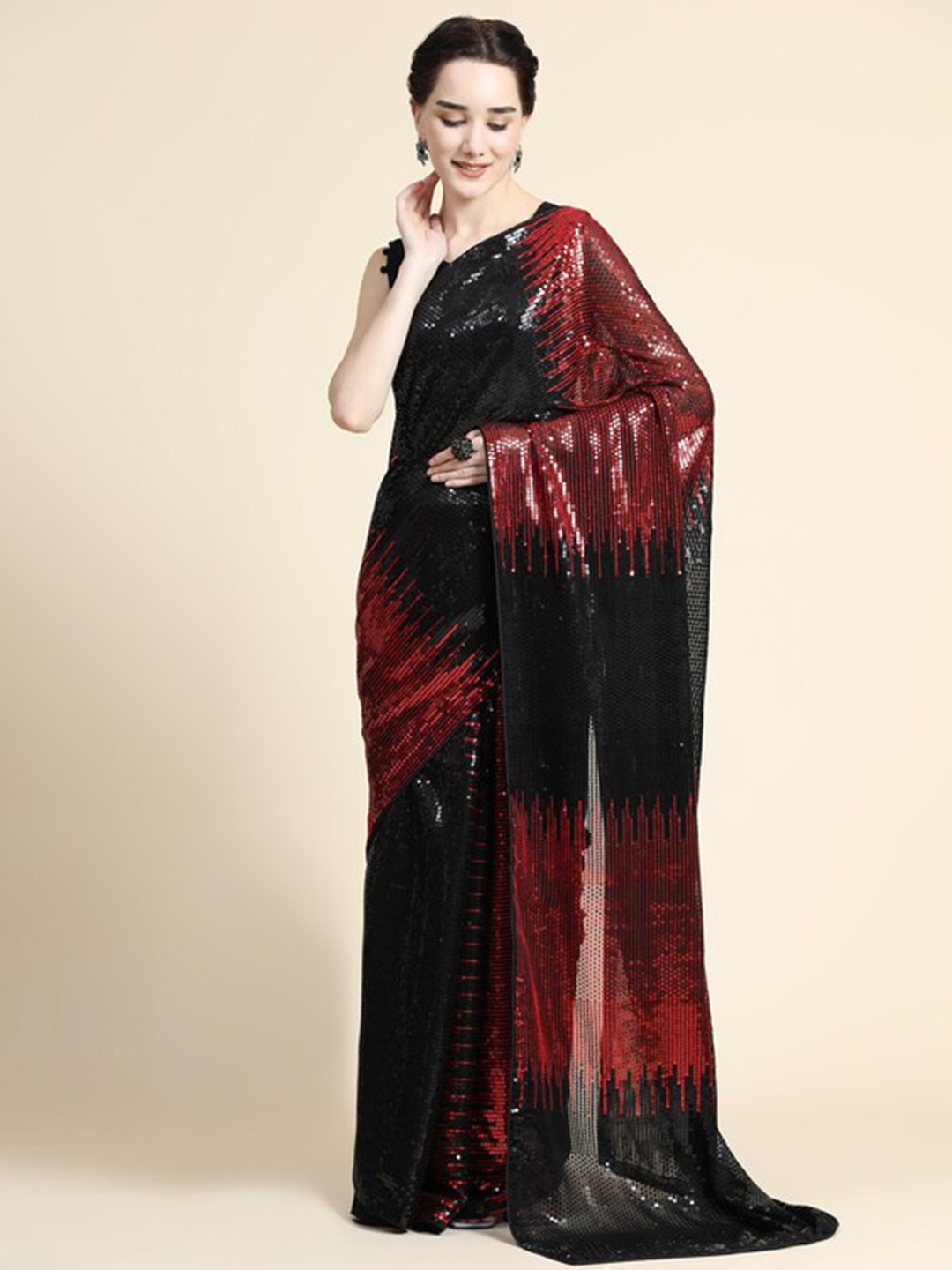 

CLEMIRA Red & Black Embellished Sequinned Pure Georgette Saree
