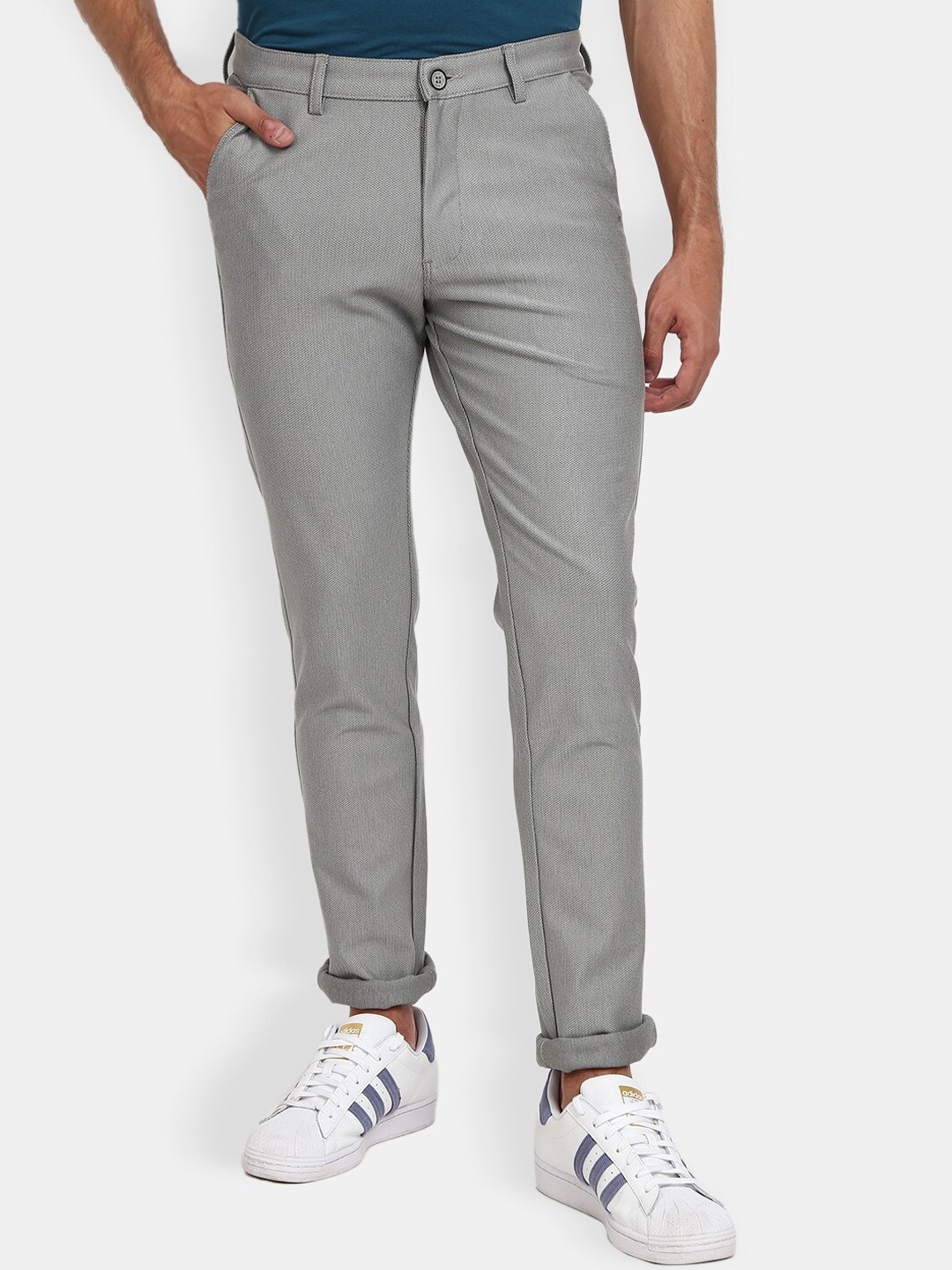 

V-Mart Men Grey Textured Slim Fit Easy Wash Trousers