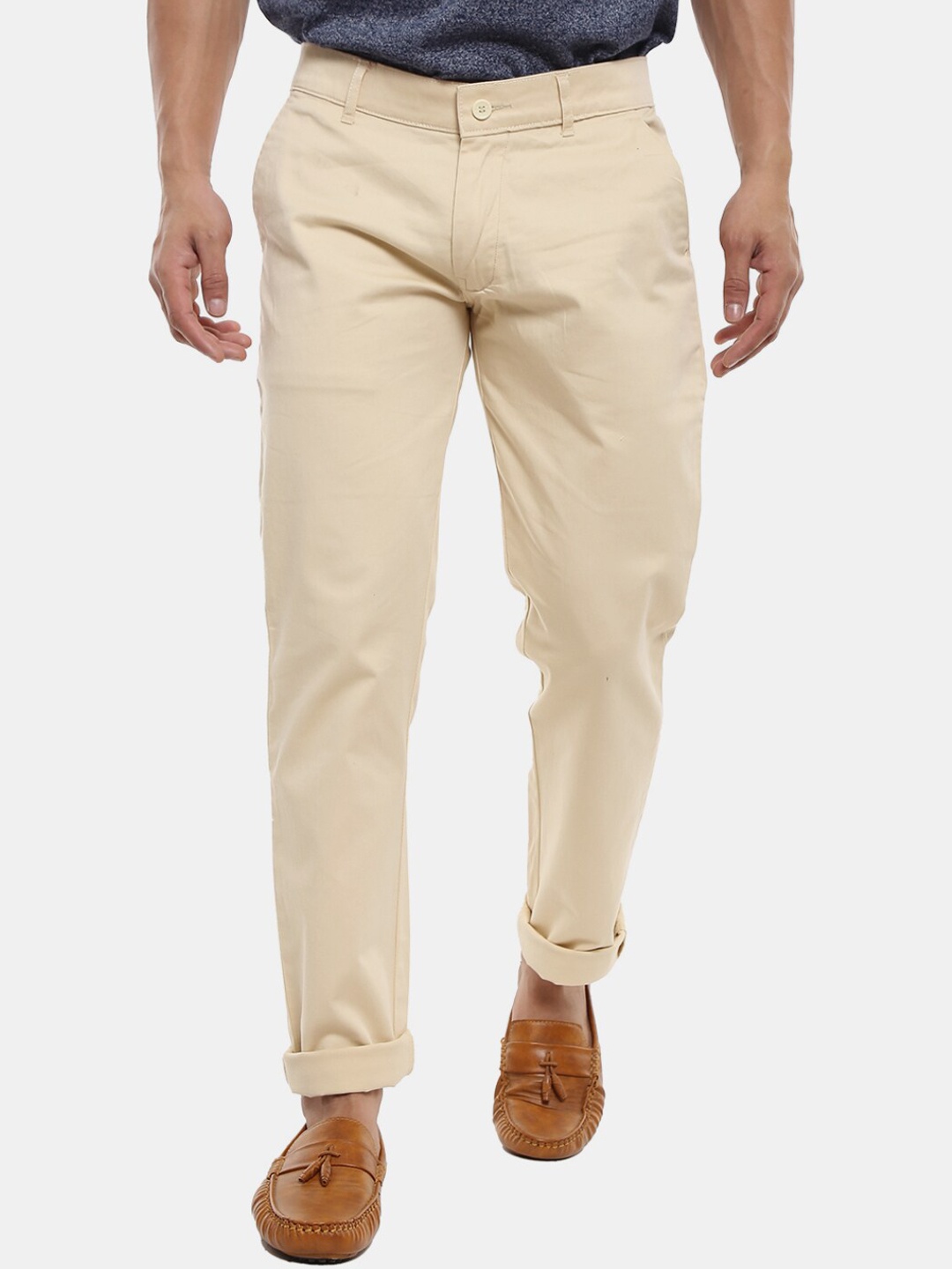 

V-Mart Men Cream-Coloured Cotton Slim Fit Easy Wash Chinos Trousers