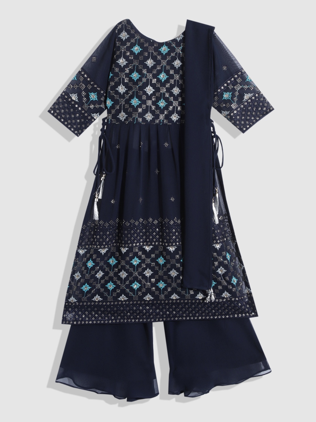 

YK Girls Navy Blue Embroidered Panelled Sequinned Kurta with Palazzos & Dupatta