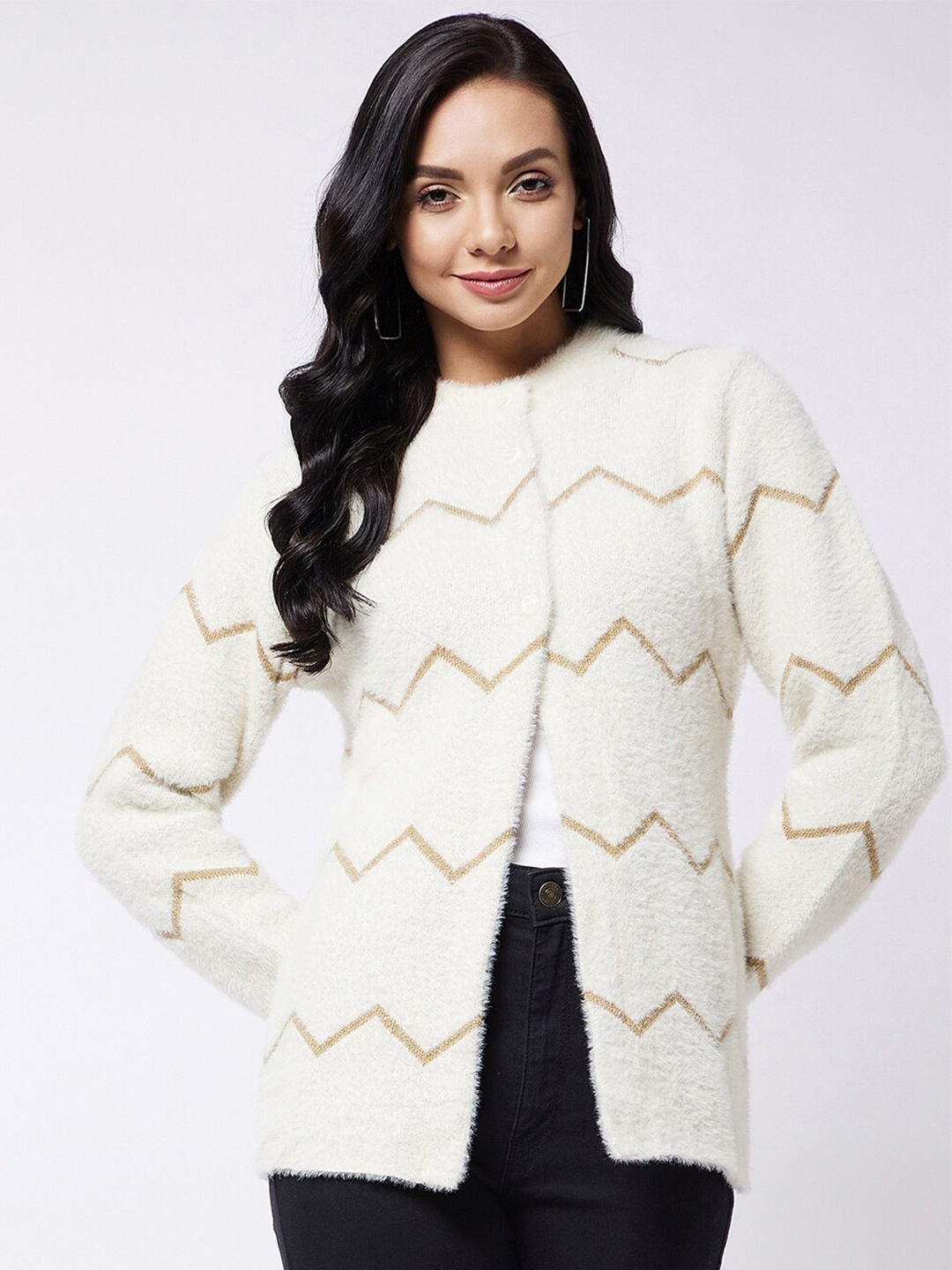 

Modeve Women White & Brown Cardigan