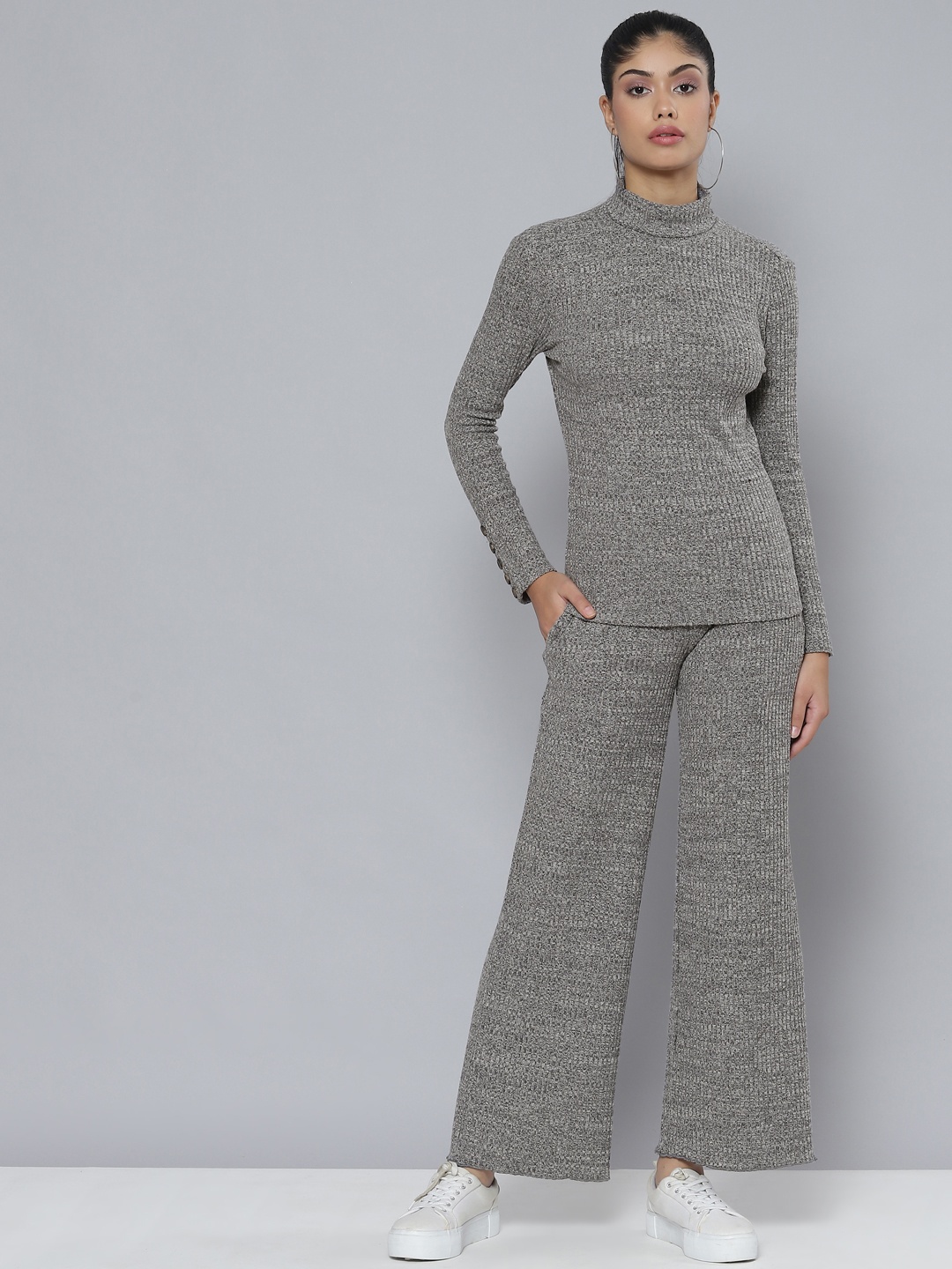 

VividArtsy Women Grey Ribbed Co-Ords