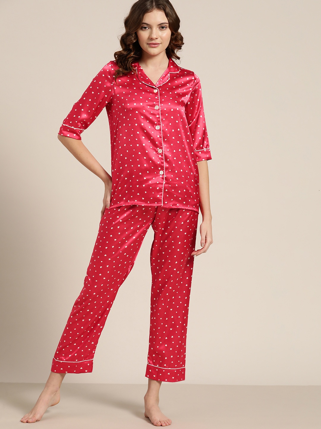 

Sweet Dreams Women Red & White Printed Satin Night suit