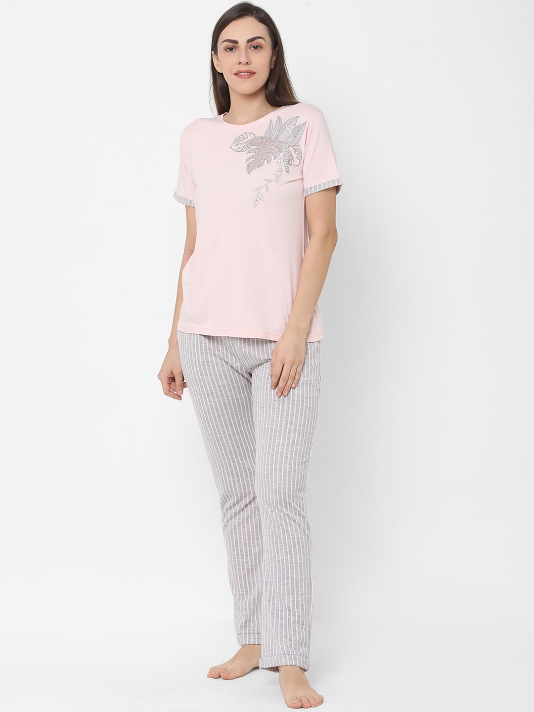 

Sweet Dreams Women Pink & Grey Embroidered Night suit