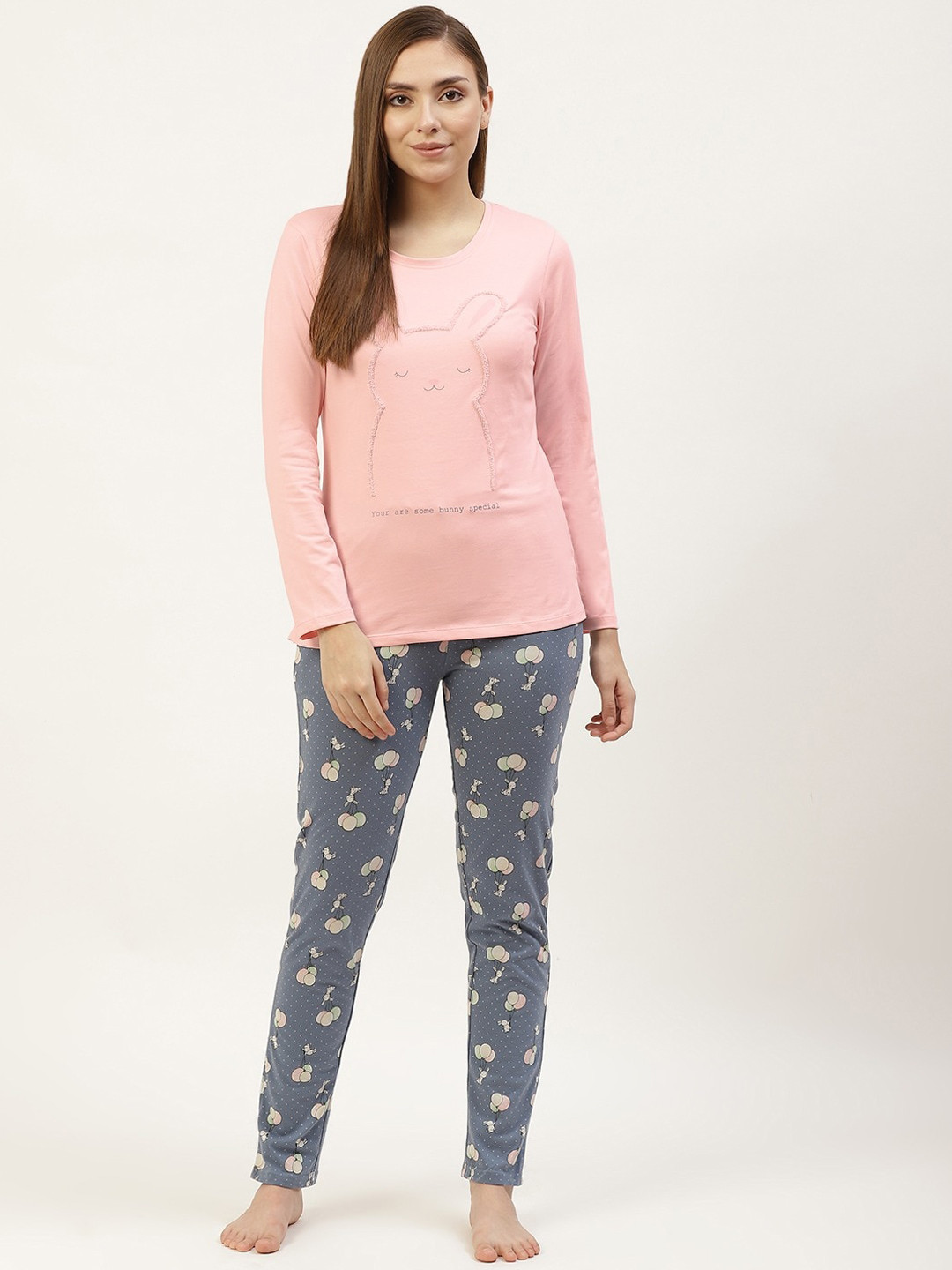 

Sweet Dreams Women Pink & Blue Solid Night suit