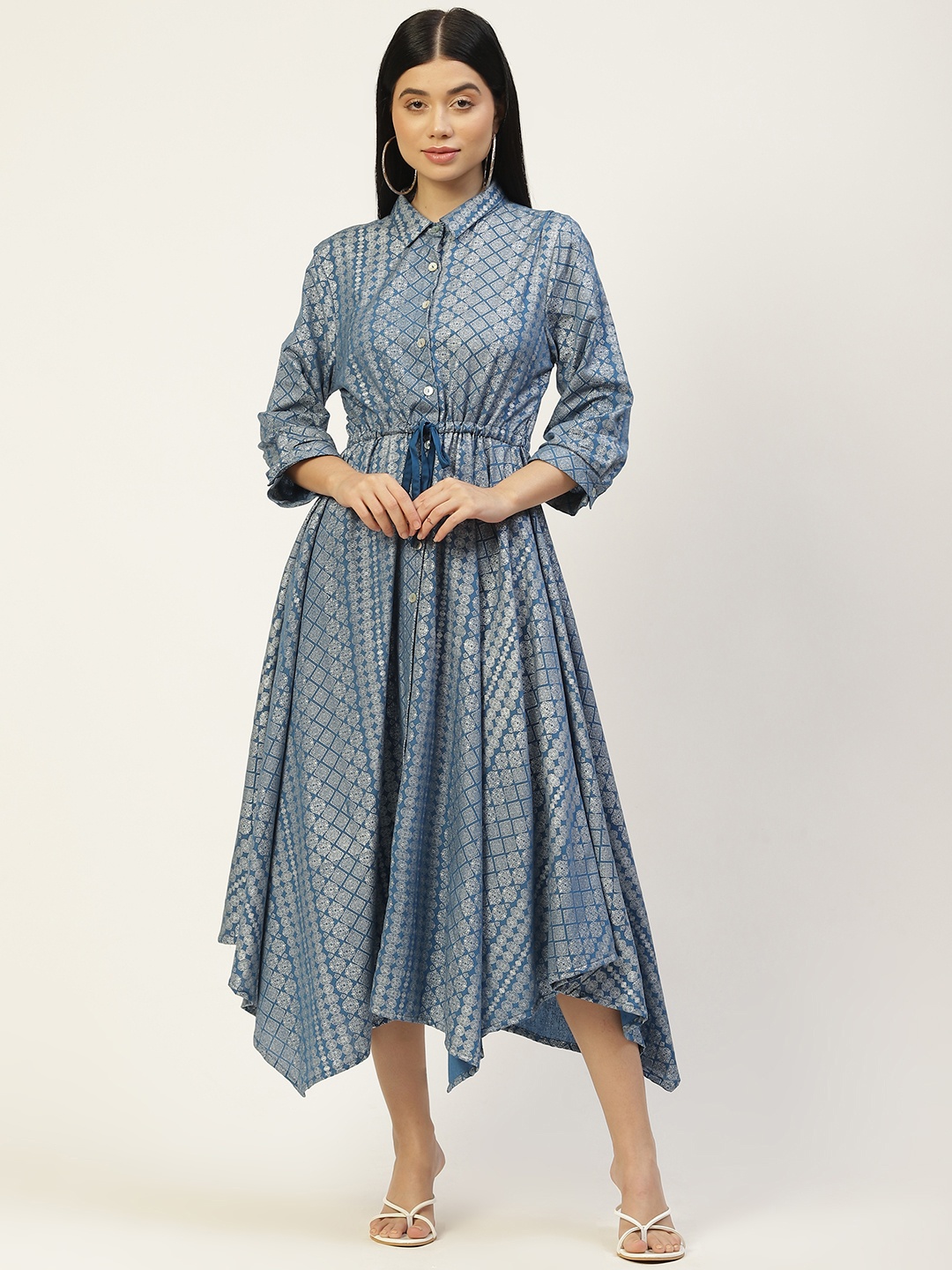 

MISRI Blue Ethnic Motifs Cotton Shirt Midi Dress