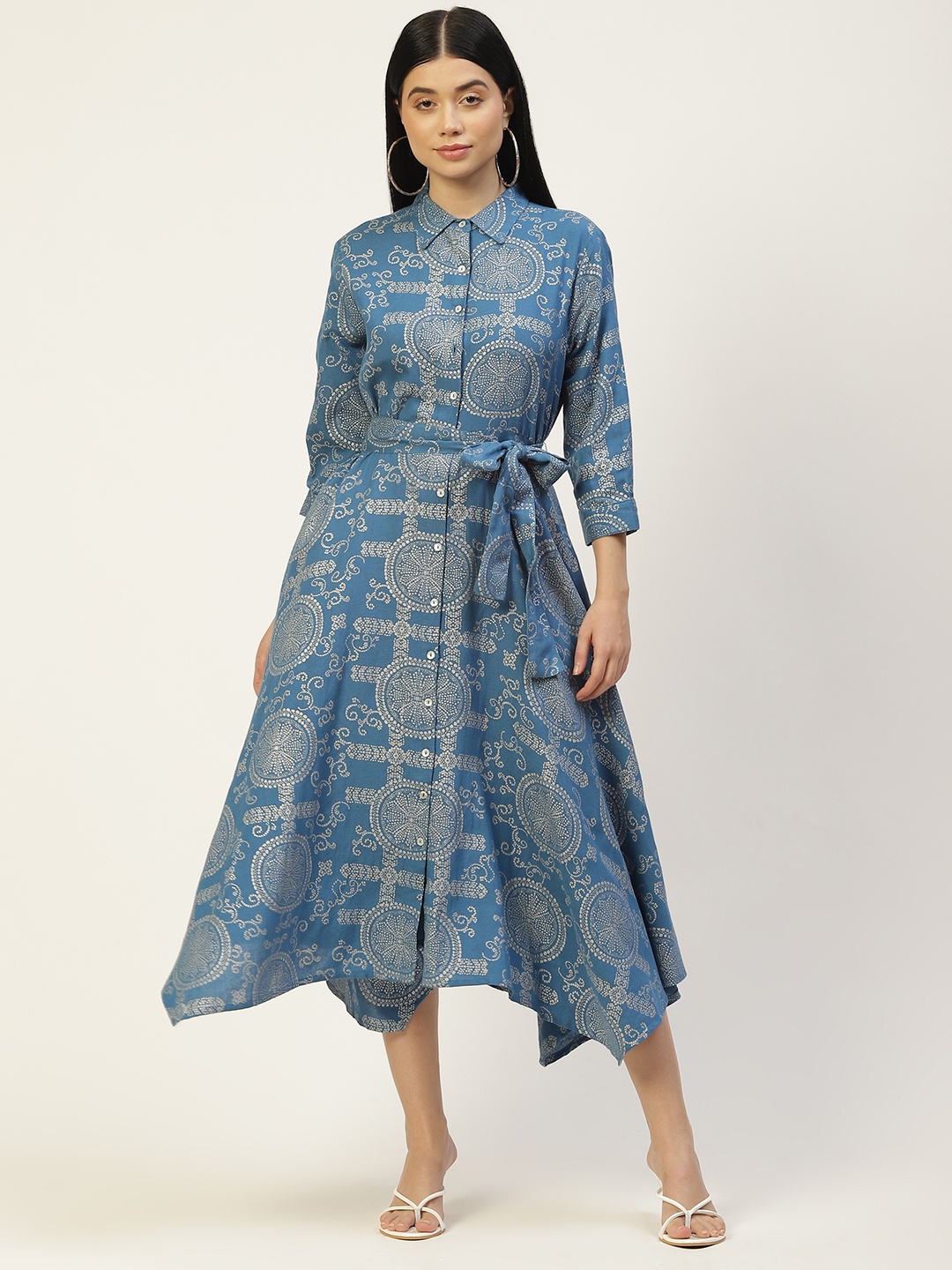 

MISRI Blue Ethnic Motifs Cotton Shirt Midi Dress