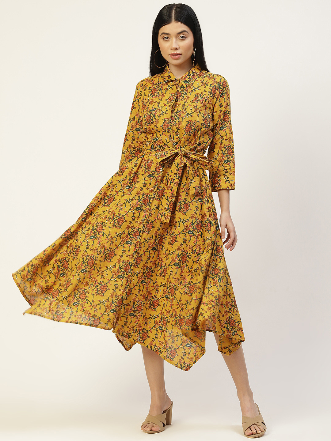 

MISRI Yellow Floral Cotton Shirt Midi Dress