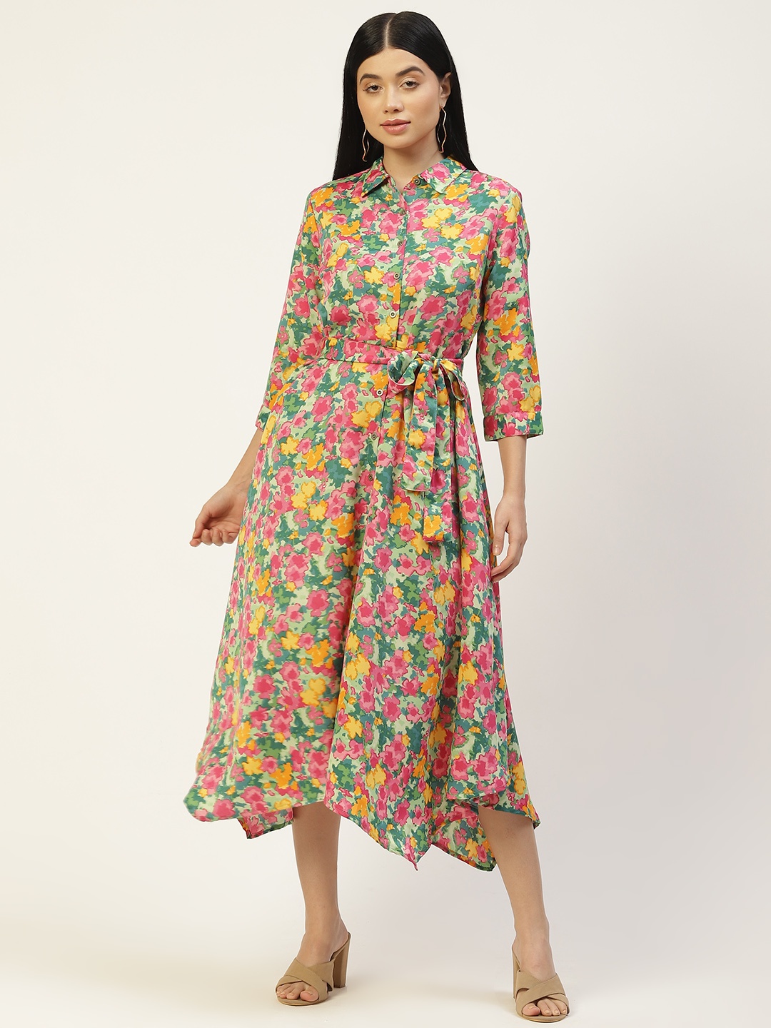 

MISRI Green & Pink Floral Shirt Midi Dress