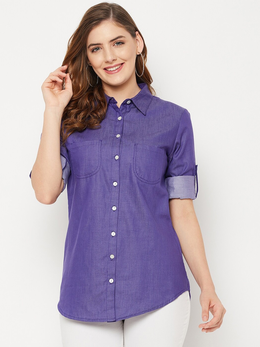 

Ruhaans Women Purple Classic Regular Fit Denim Cotton Casual Shirt