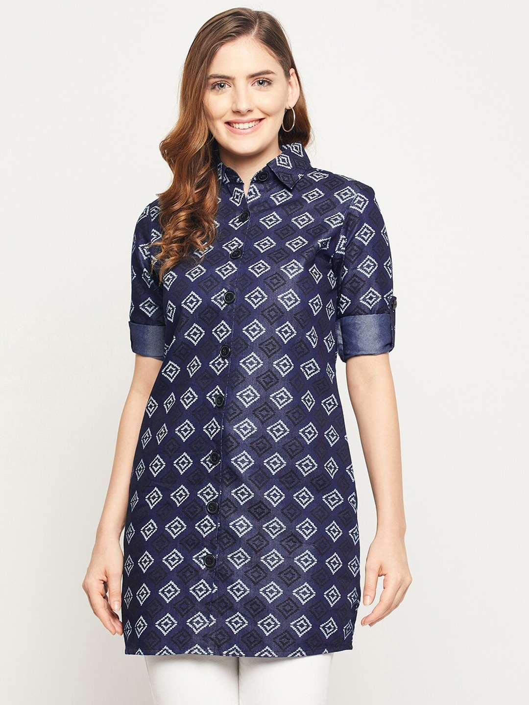 

Ruhaans Women Navy Blue Classic Denim Printed Longline Shirt