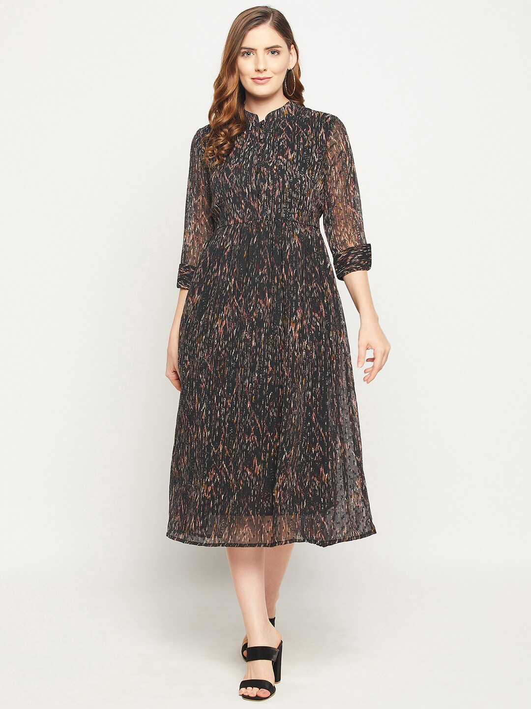 

Ruhaans Women Black & Brown Georgette A-Line Midi Dress