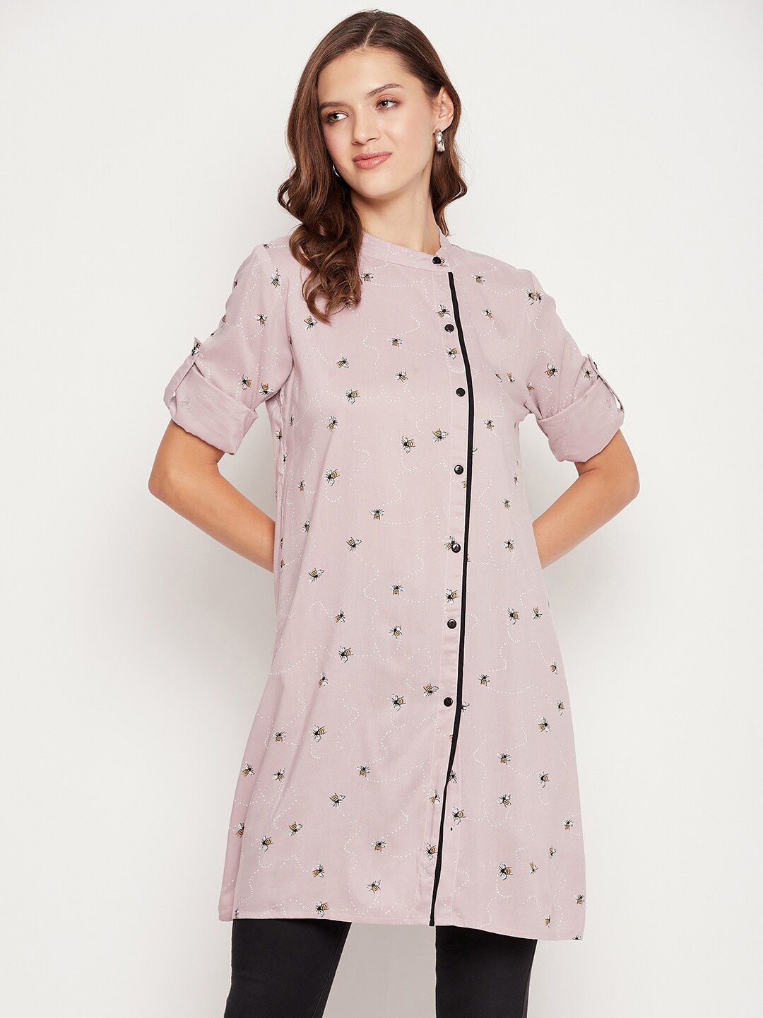 

Ruhaans Women Pink & Black Viscose Rayon Mandarin Collar Printed Tunic