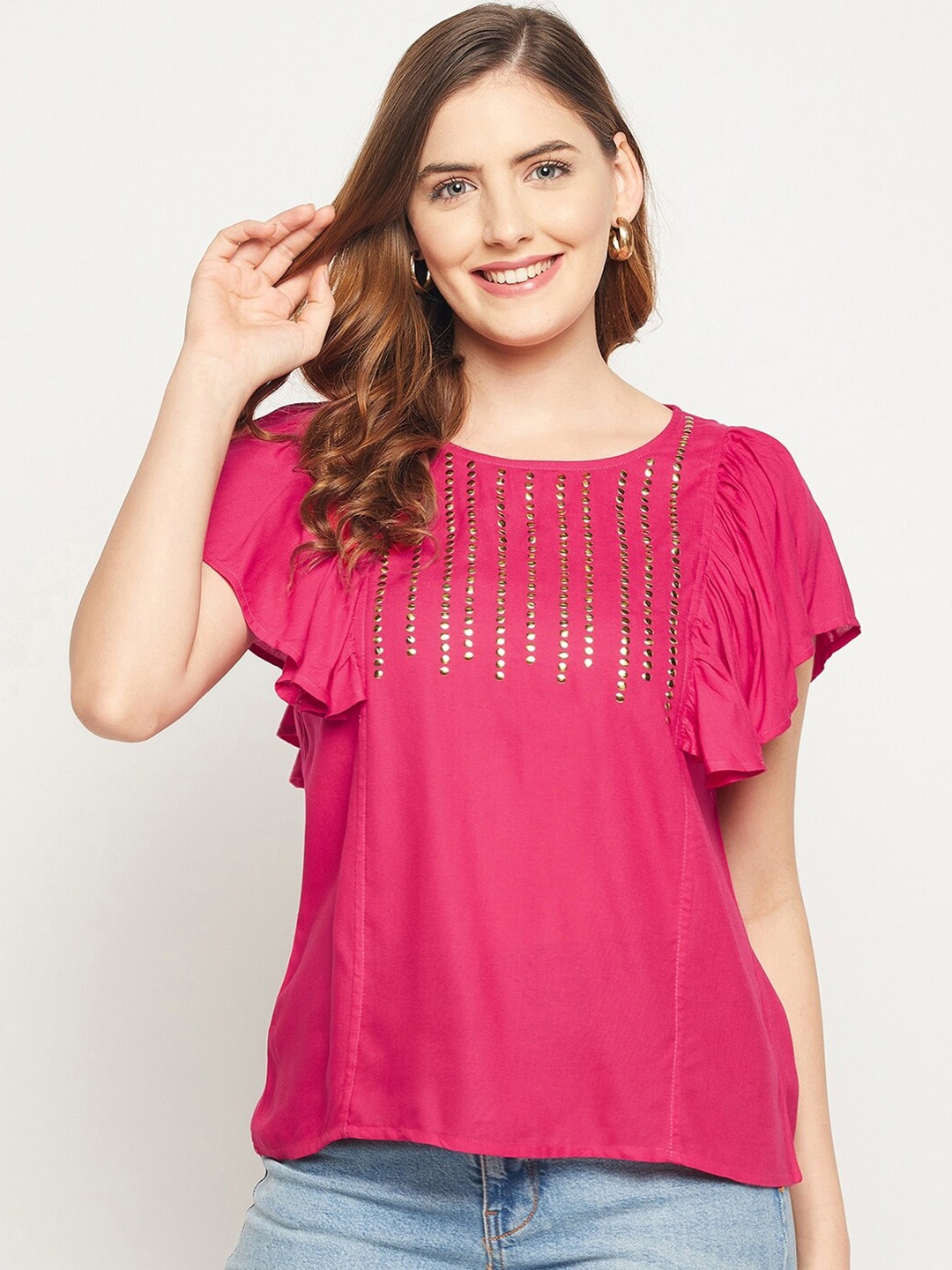 

Ruhaans Women Fuchsia Studded Top