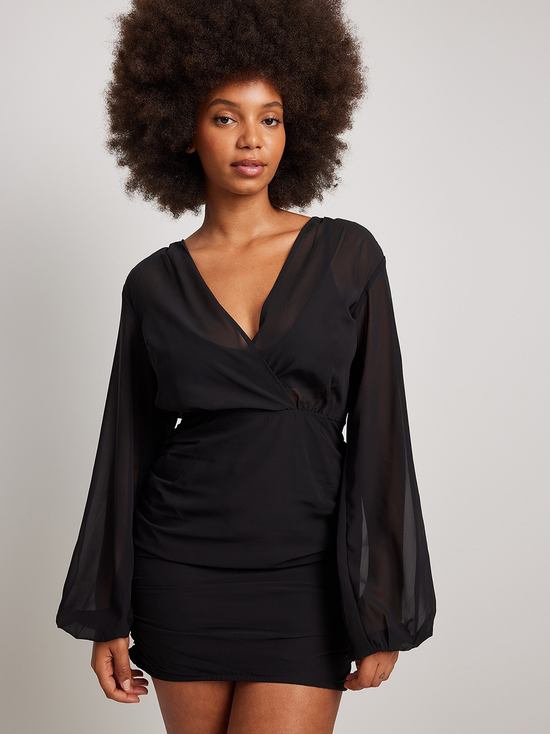 

NA-KD Women Black Solid Chiffon Semi Sheer V-Neck Puff Sleeves Sheath Dress