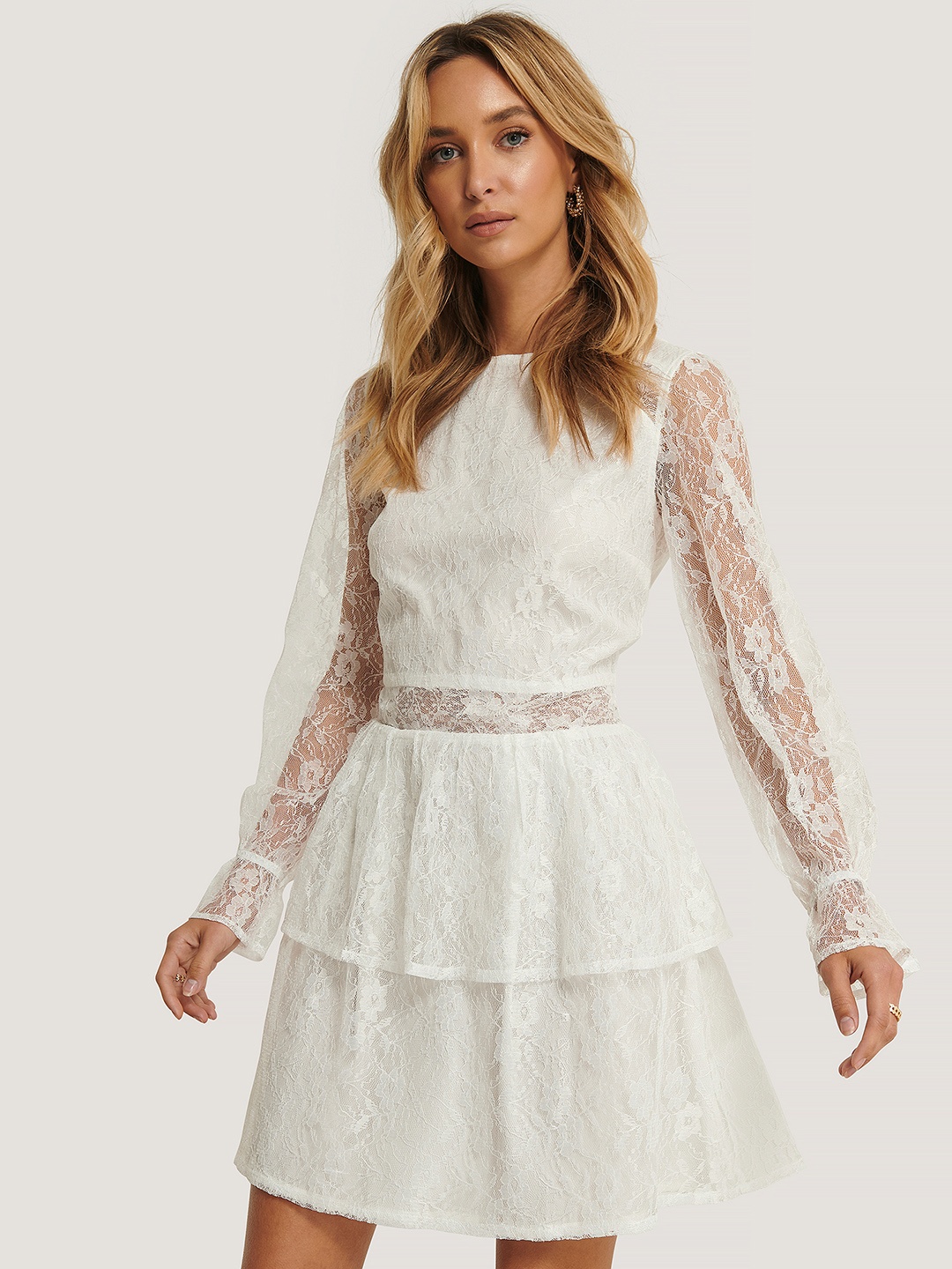 

NA-KD White Floral Lace Layered Mini Dress