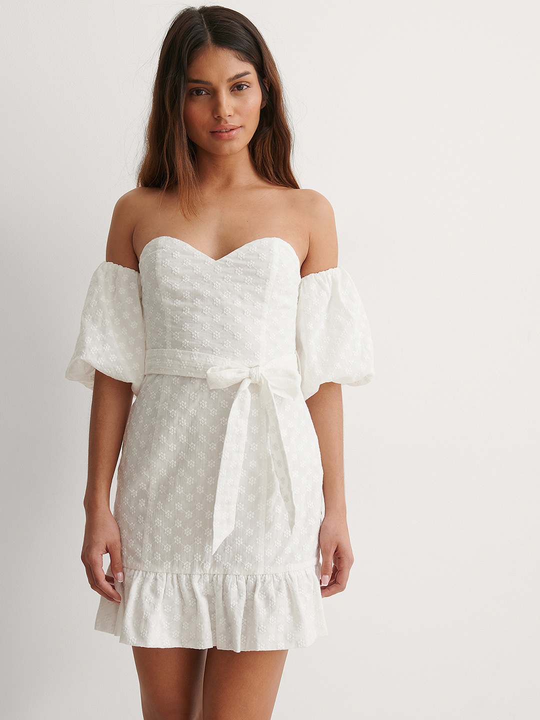 

NA-KD Off White Floral Embroidered Off-Shoulder A-Line Mini Dress