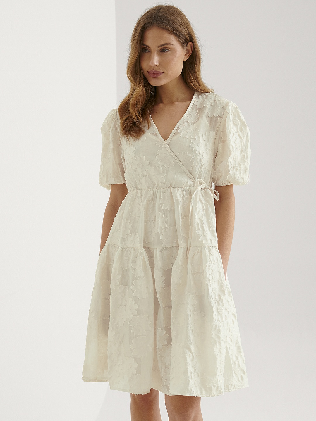 

NA-KD Off White Floral Detail Tiered Wrap Dress
