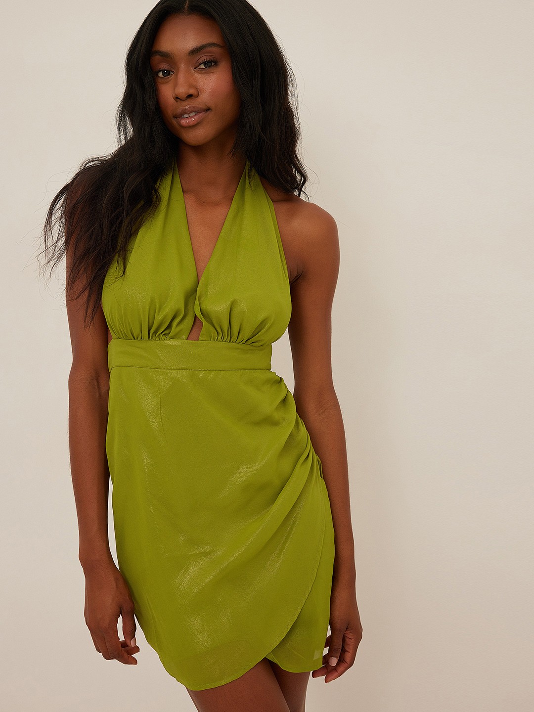 

NA-KD Green & Golden Halter Neck Empire Mini Dress