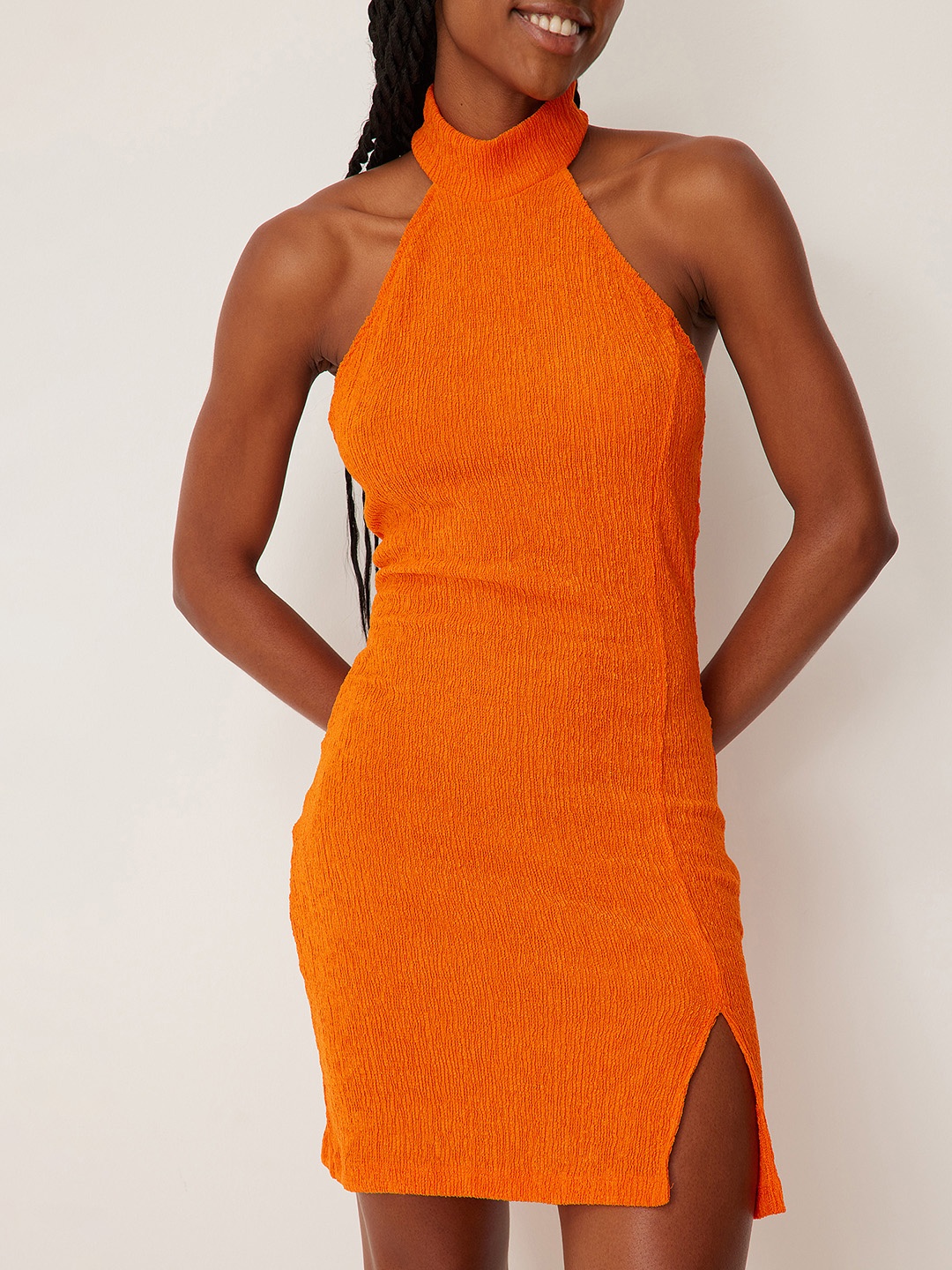 

NA-KD Women Orange Textured Bodycon Slit Mini Dress