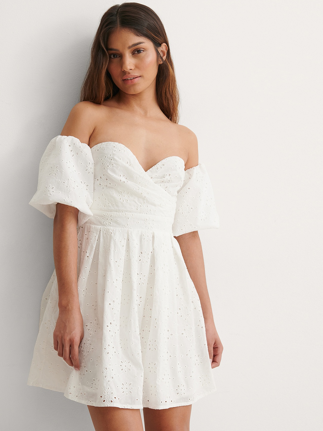 

NA-KD Women White Schiffli Pure Cotton Fit & Flare Mini Dress