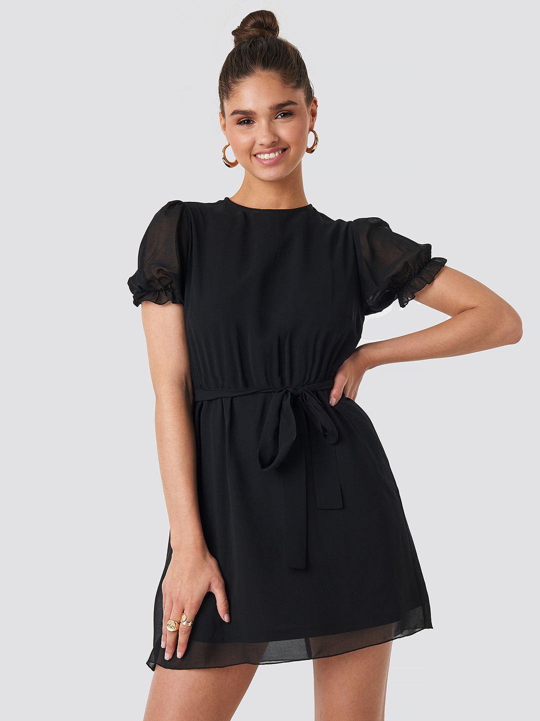 

NA-KD Women Black Solid A-Line Mini Dress with Belt