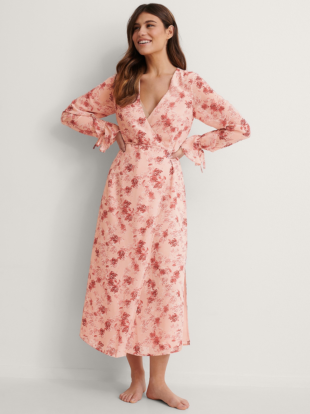 

NA-KD Pink Floral Printed Wrap Maxi Dress
