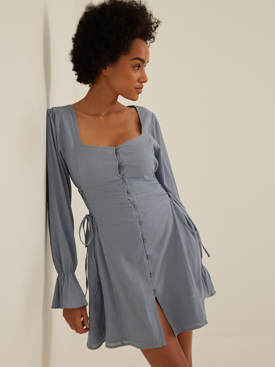 

NA-KD Blue Pure Cotton A-Line Square Neck Mini Dress