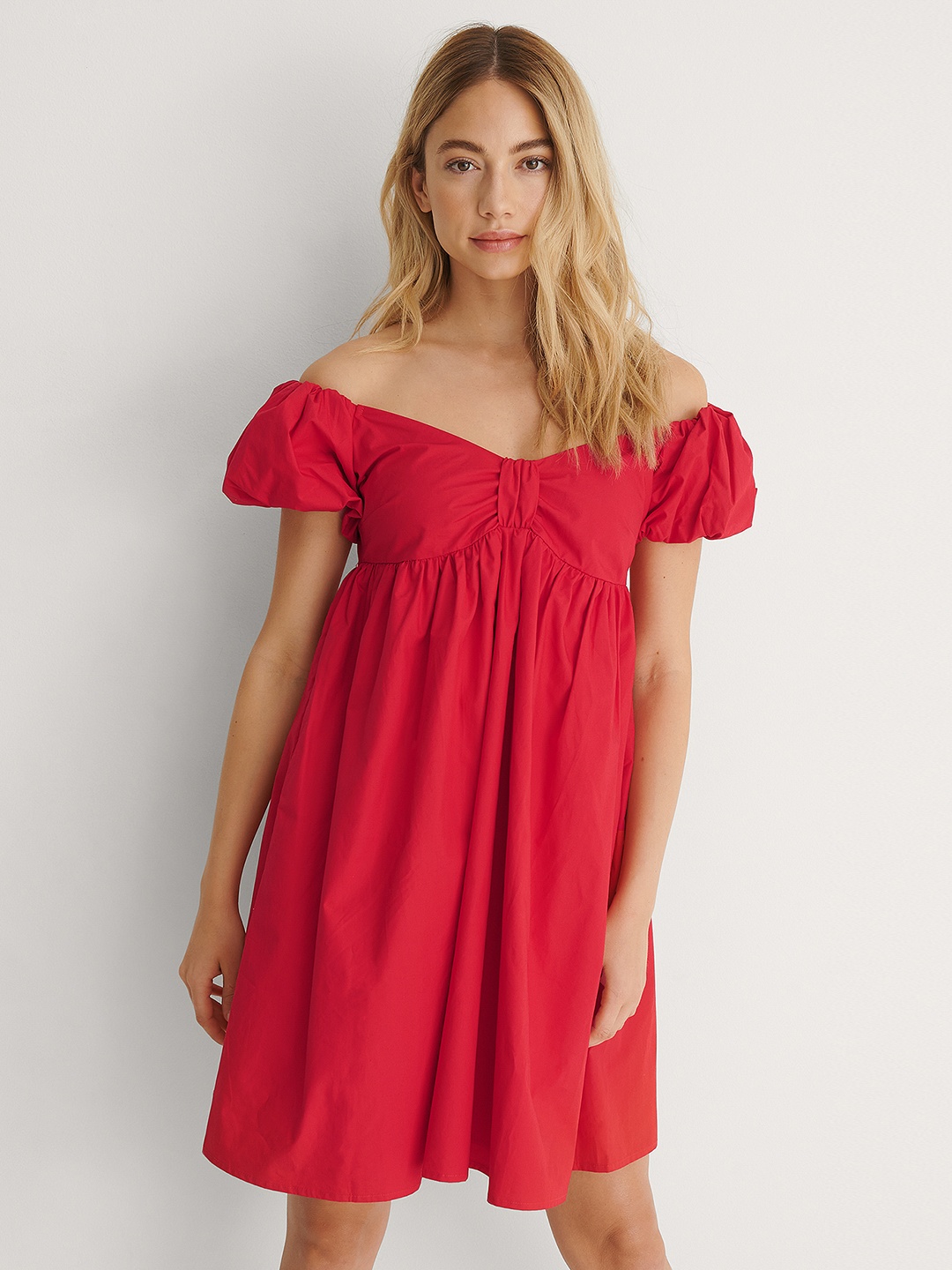

NA-KD Red Solid Off-Shoulder Organic Cotton Empire Dress