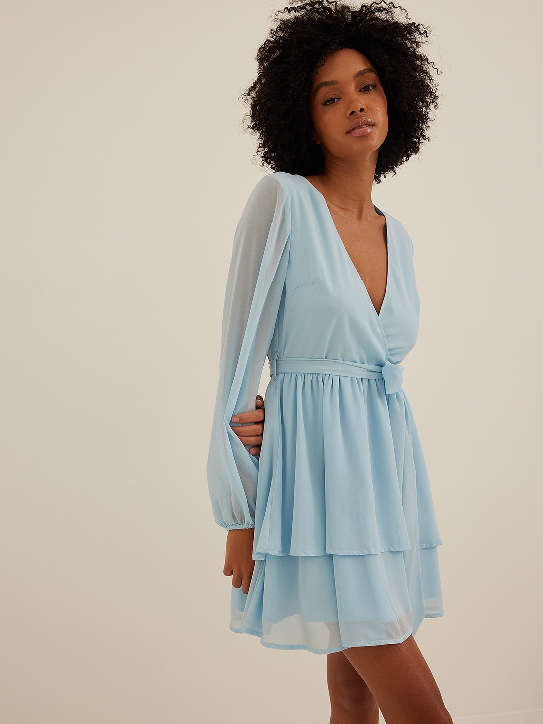 

NA-KD Blue Solid Chiffon Mini Sustainable Wrap Dress